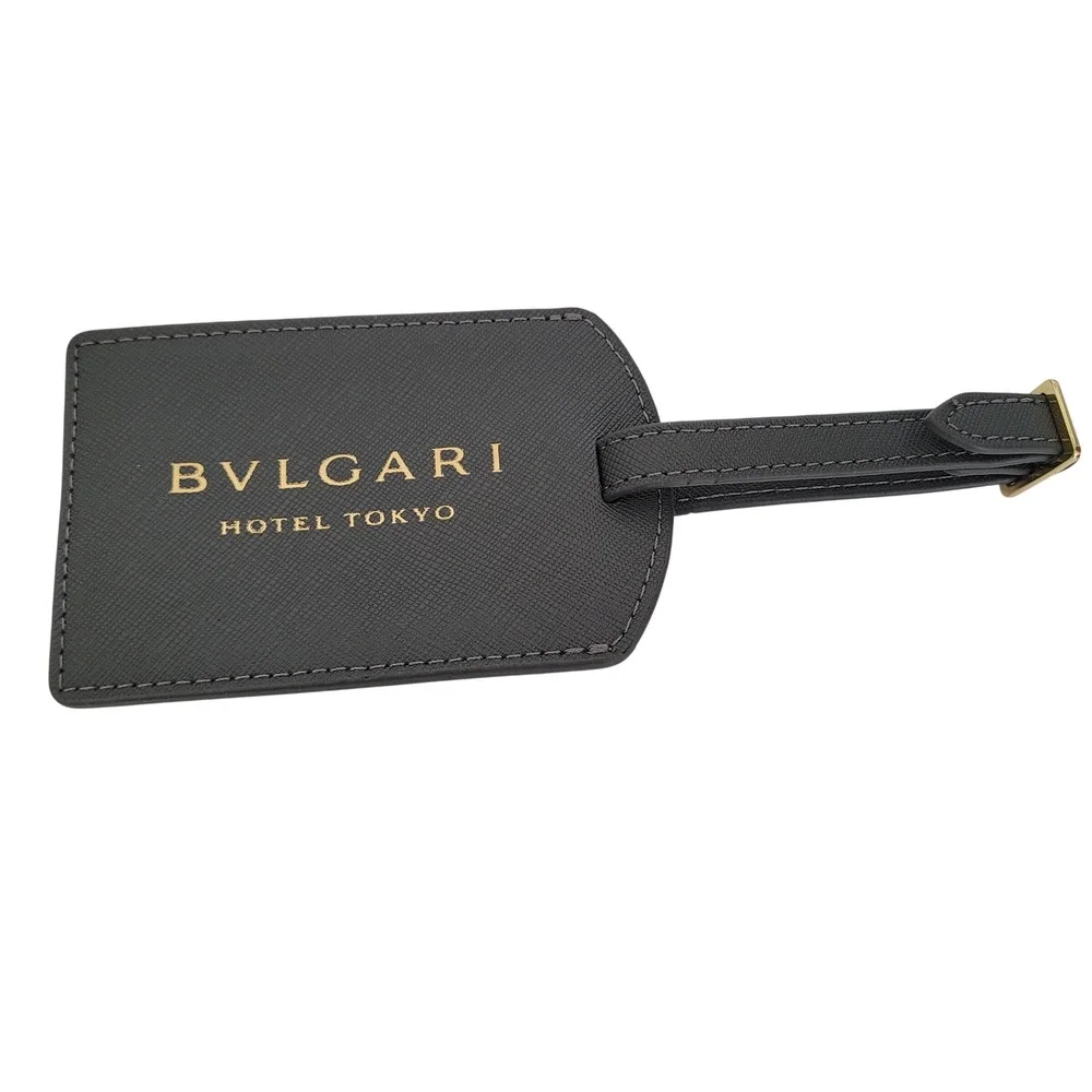 Bvlgari Hotel Tokyo Luggage Tag Gray Saffiano Leather Gold Logo Travel Accessory